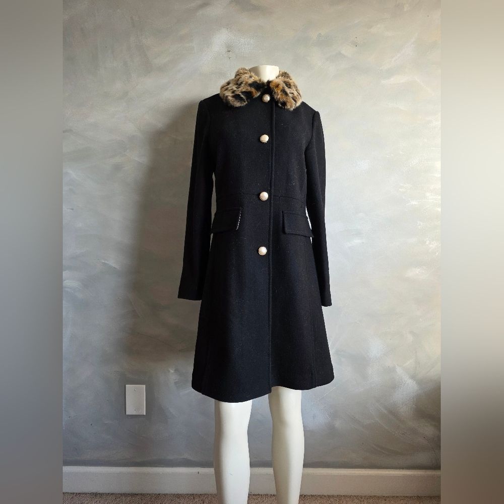 Kate Spade New York Leopard Collar Wool Trench Coat, Black, Women's S - Picture 2 of 16